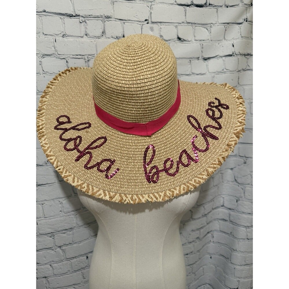 Mud Pie Straw Sun Hat with Pink Band and Pink Embellished Aloha Beaches